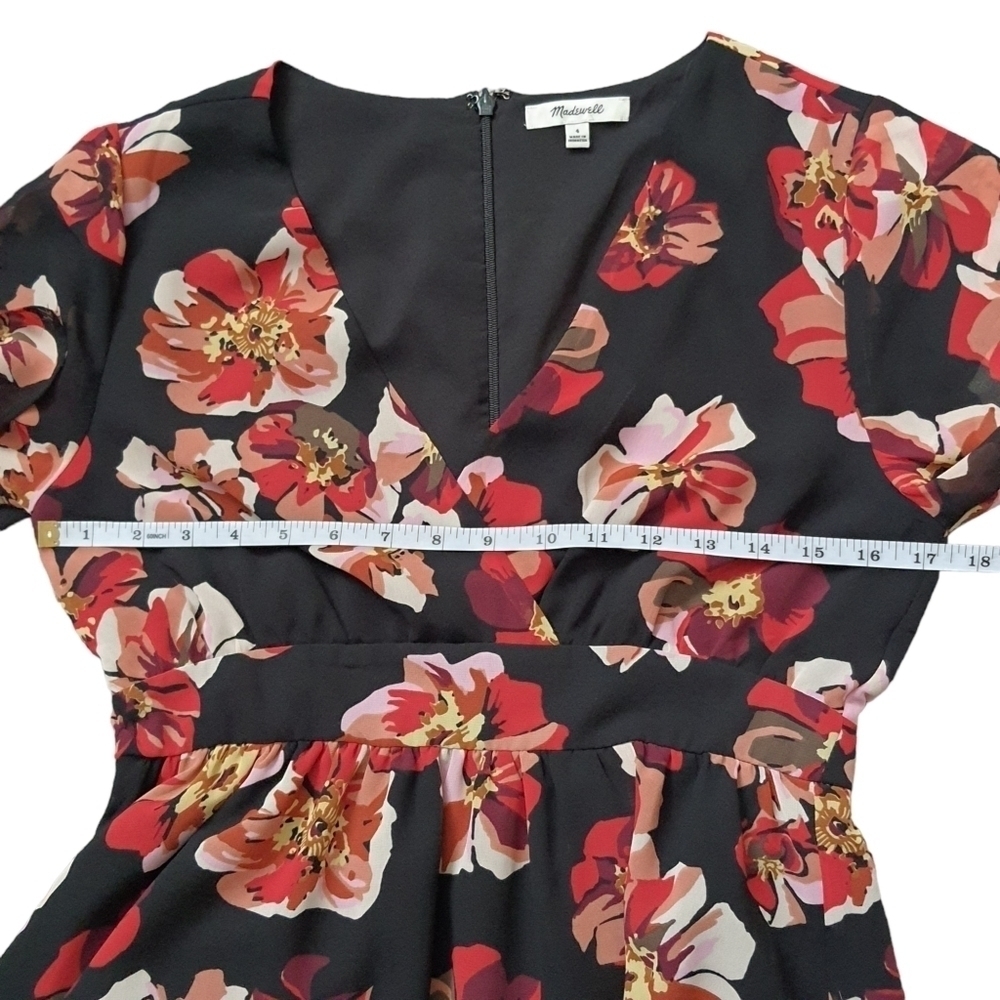 Madewell Mini Red Black Floral Dress Short Sleeves V-neck Size 4 Flowy - Picture 9 of 12